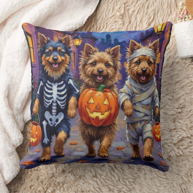 Keeshond Trick-or-Treating in Halloween Costumes Throw Pillow (Blanket)