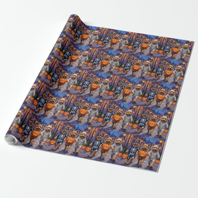 Keeshond Trick-or-Treating in Halloween Costumes Wrapping Paper (Unrolled)