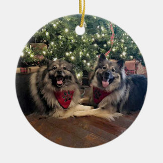 Keeshond with Christmas Tree Ceramic Ornament