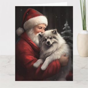 Keeshond With Santa Claus Festive Christmas Card