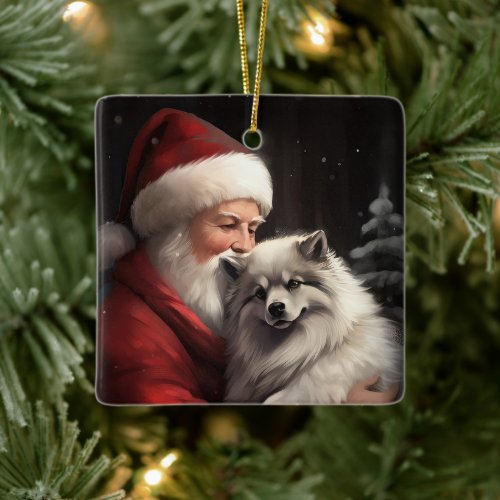 Keeshond With Santa Claus Festive Christmas Ceramic Ornament