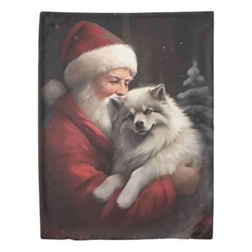 Keeshond With Santa Claus Festive Christmas Duvet Cover