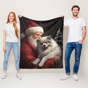 Keeshond With Santa Claus Festive Christmas Fleece Blanket