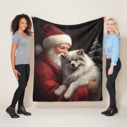 Keeshond With Santa Claus Festive Christmas Fleece Blanket