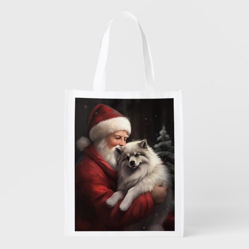 Keeshond With Santa Claus Festive Christmas Grocery Bag