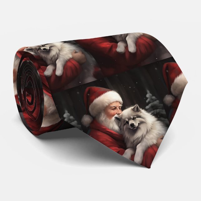 Keeshond With Santa Claus Festive Christmas Neck Tie (Rolled)