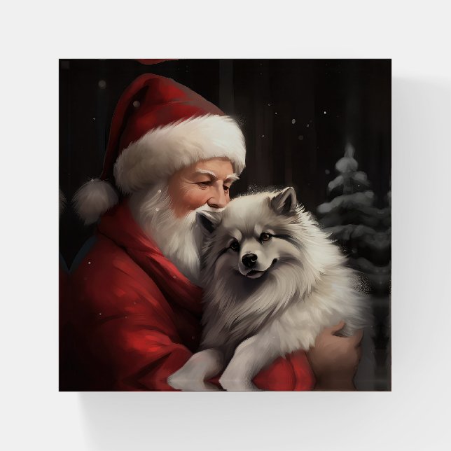 Keeshond With Santa Claus Festive Christmas Paperweight (Front)