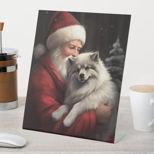 Keeshond With Santa Claus Festive Christmas Pedestal Sign