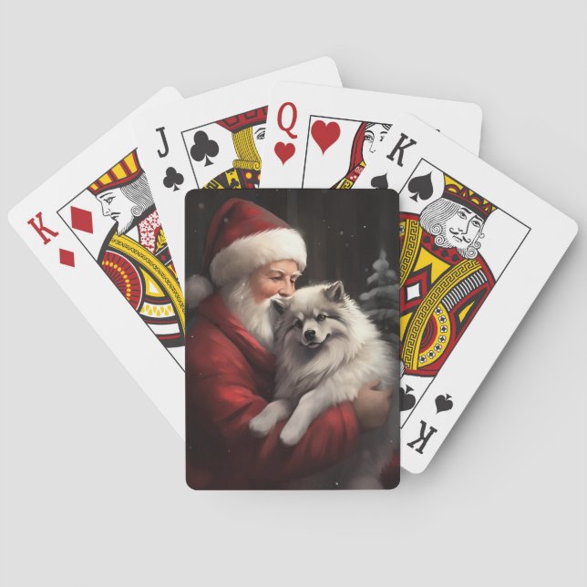 Keeshond With Santa Claus Festive Christmas Poker Cards (Back)