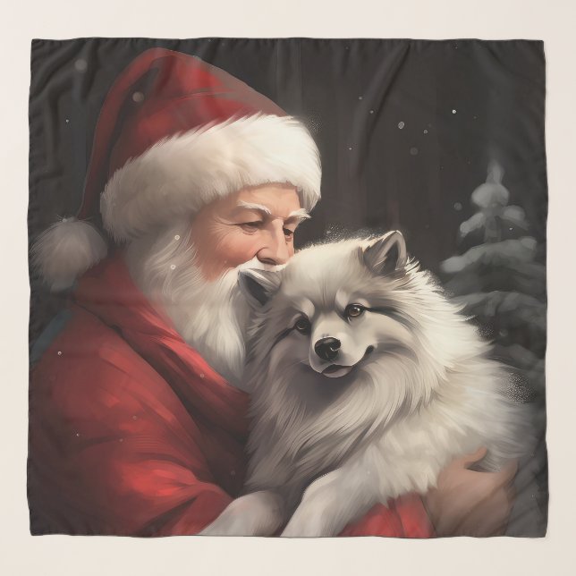 Keeshond With Santa Claus Festive Christmas Scarf (Front)