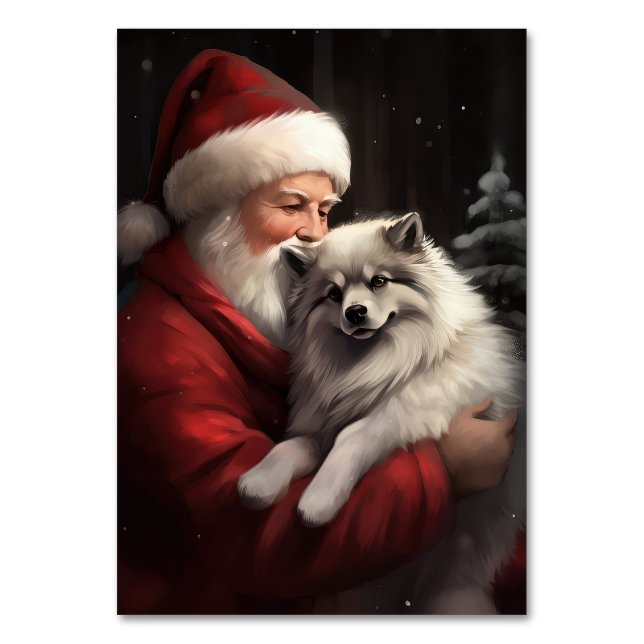 Keeshond With Santa Claus Festive Christmas Table Number (Front)