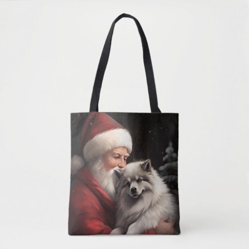 Keeshond With Santa Claus Festive Christmas Tote Bag