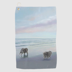 Keeshonds at the Seashore Painting Dog Art Golf Towel