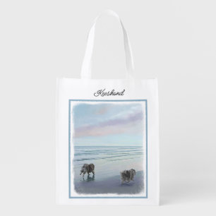Keeshonds at the Seashore Painting Dog Art Grocery Bag