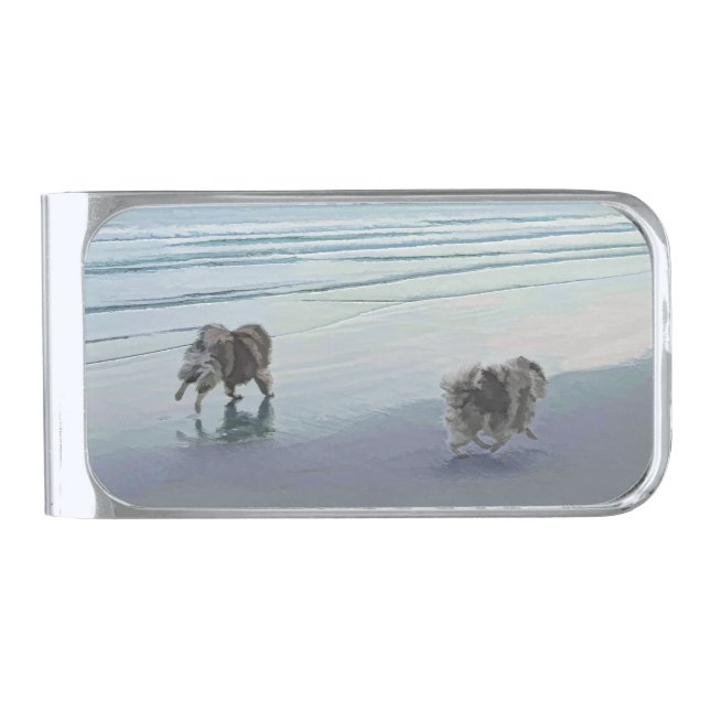Keeshonds at the Seashore Painting Dog Art Silver Finish Money Clip (Front)