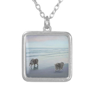 Keeshonds at the Seashore Painting Dog Art Silver Plated Necklace