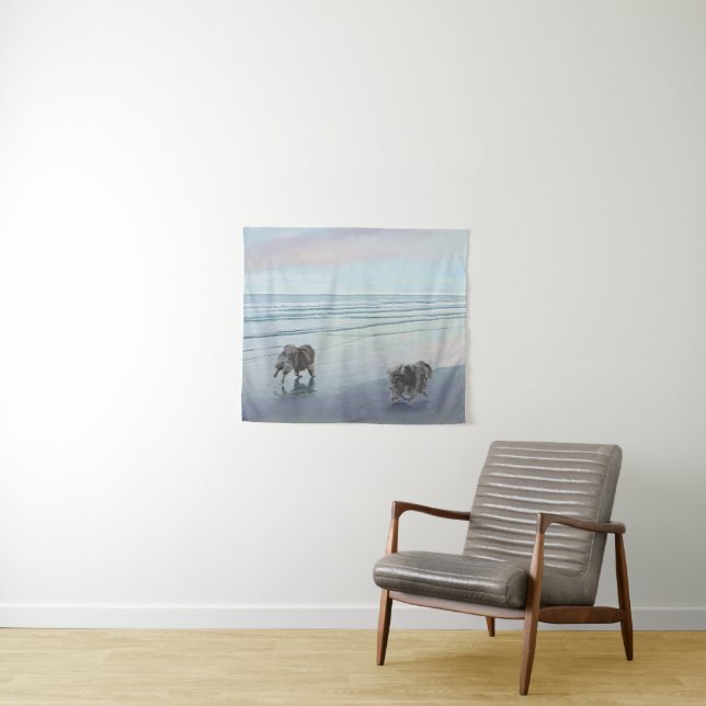 Keeshonds at the Seashore Painting Dog Art Tapestry (In Situ (Horizontal))