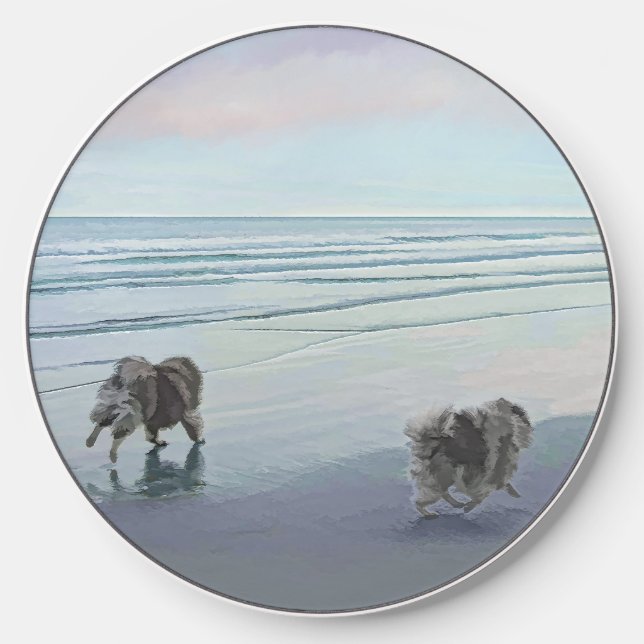 Keeshonds at the Seashore Painting Dog Art Wireless Charger (Front)