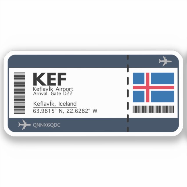 KEF Keflavik Boarding Pass - Iceland Ticket Sticker (Front)
