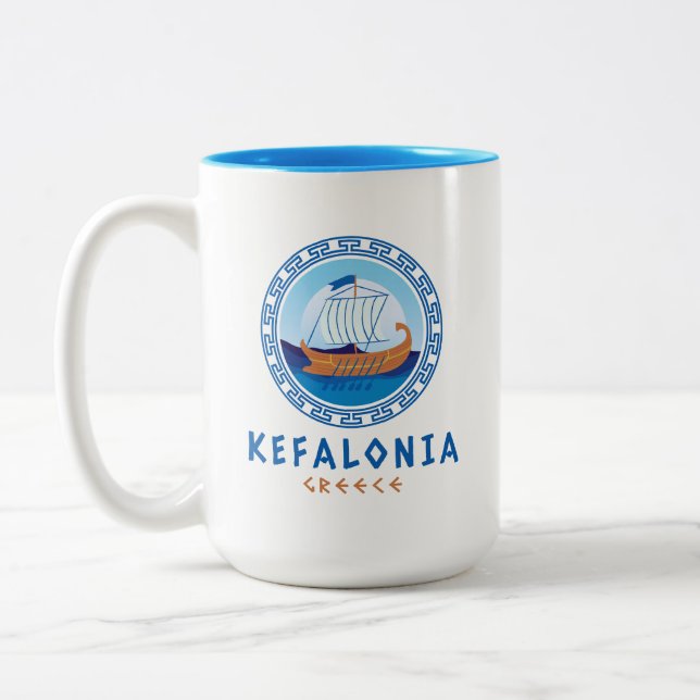 Kefalonia, Greece Greek Ship Design Two-Tone Coffee Mug (Left)