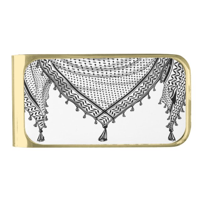 Keffiyeh Palestinian Scarf Traditional Fabric Gold Finish Money Clip (Front)