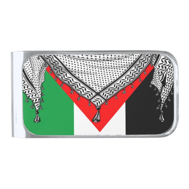 Keffiyeh Palestinian Scarf Traditional Fabric Silver Finish Money Clip (Front)