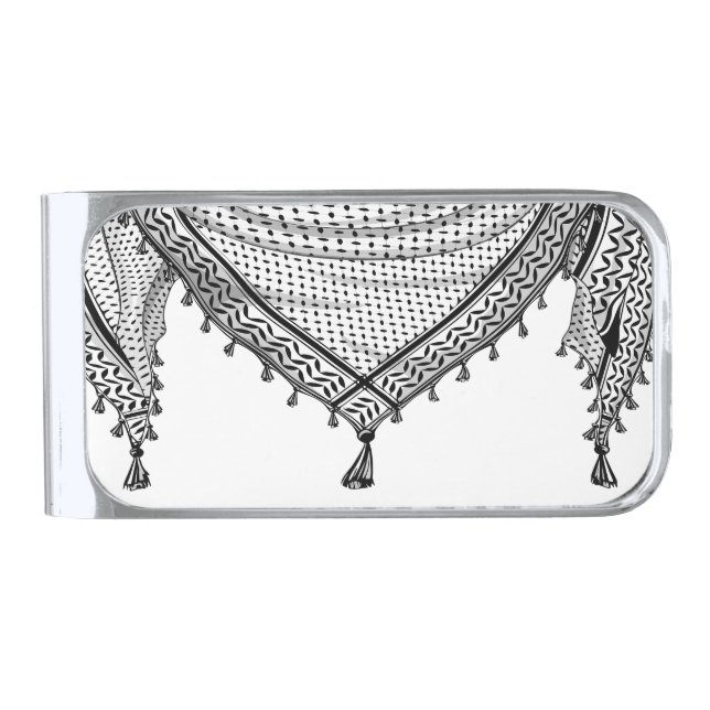 Keffiyeh Palestinian Scarf Traditional Fabric Silver Finish Money Clip (Front)