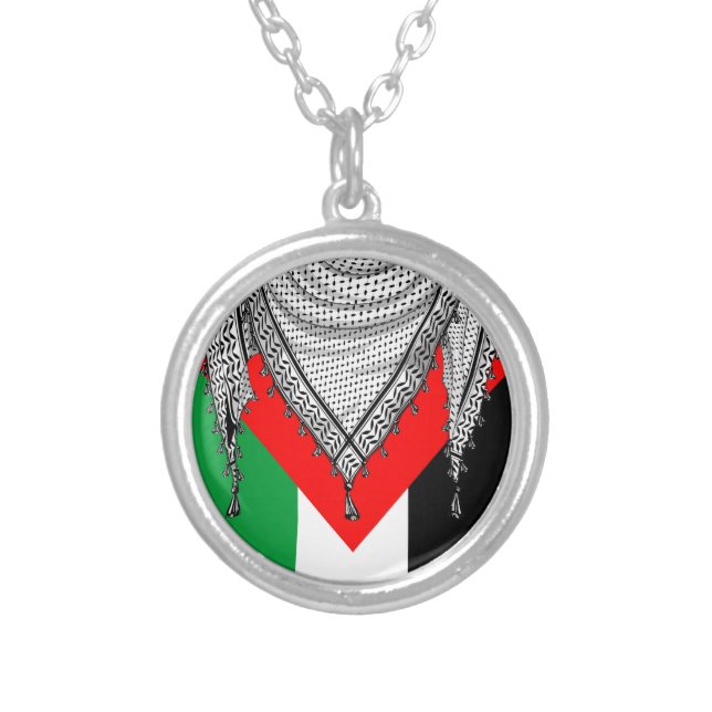 Keffiyeh Palestinian Scarf Traditional Fabric Silver Plated Necklace (Front)