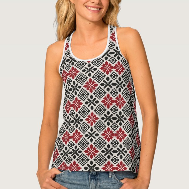 Keffiyeh Pattern Tank Top – Red Black White Folk  (Front)