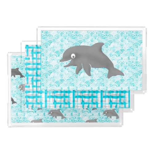 Keiki Watercolor Dolphin Wave And Plaid Acrylic Tray