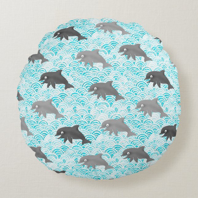 Keiki Watercolor Dolphin Wave And Plaid Reversible Round Pillow (Front)