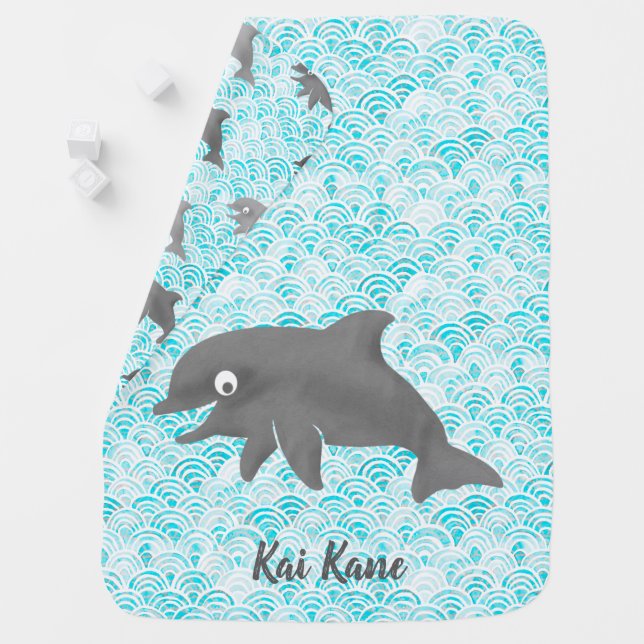 Keiki Watercolor Dolphin Wave Customized Baby Blanket (In Situ)