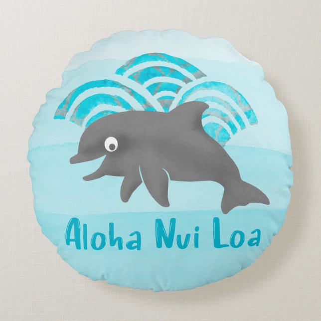 Keiki Watercolor Dolphin Wave Engineer Reversible Round Pillow (Front)