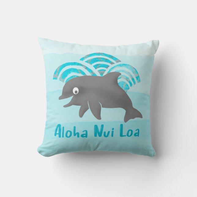 Keiki Watercolor Dolphin Wave Engineer Reversible Throw Pillow (Front)