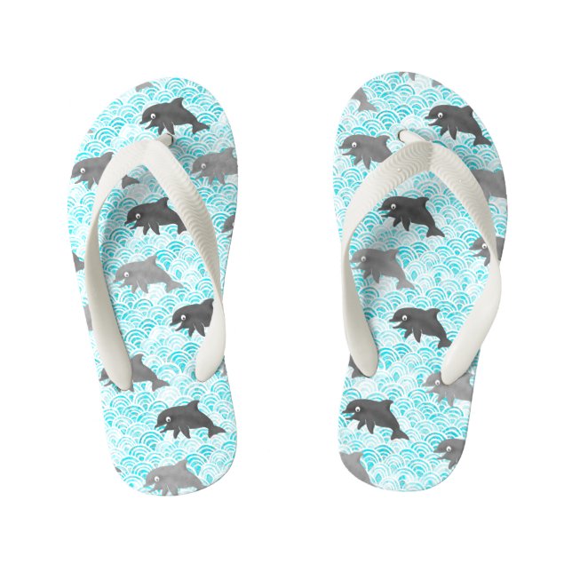 Keiki Watercolor Dolphin Wave Kid's Flip Flops (Footbed)