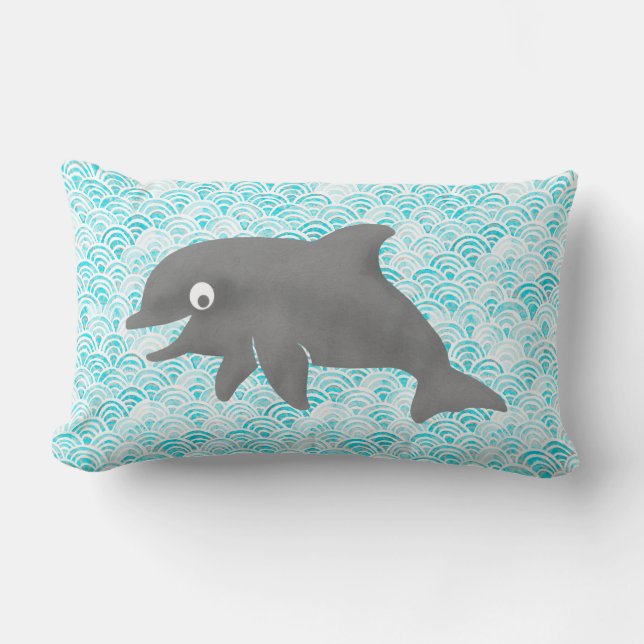 Keiki Watercolor Dolphin Wave Reversible Lumbar Pillow (Front)