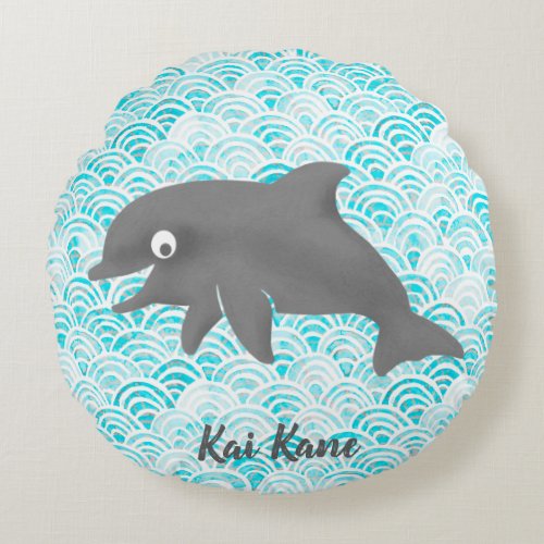 Keiki Watercolor Dolphin Wave Reversible Round Pillow