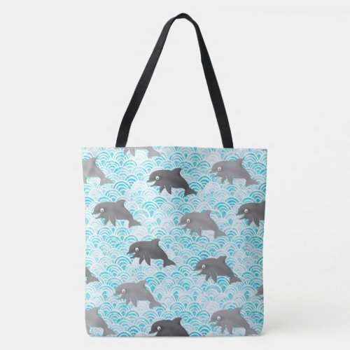 Keiki Watercolor Dolphin Wave Reversible Tote Bag