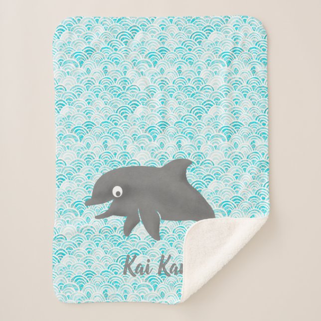 Keiki Watercolor Dolphin Wave Sherpa Blanket (Front)