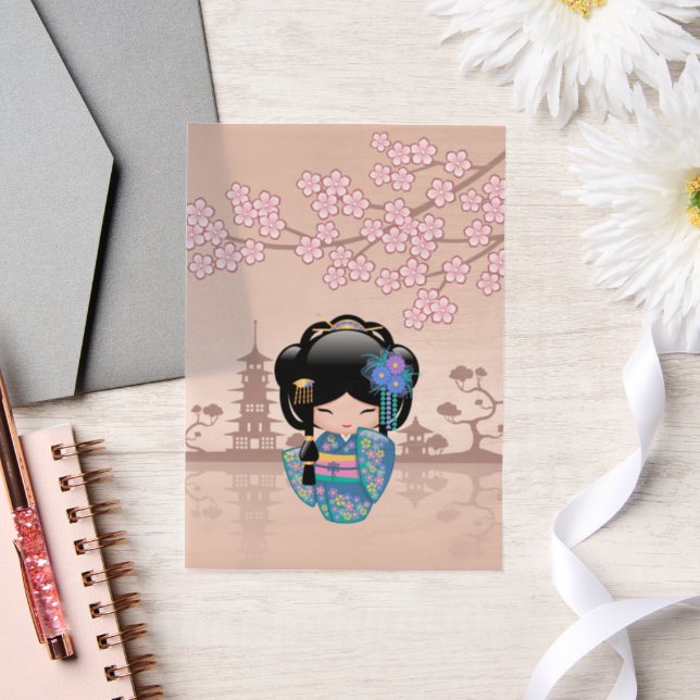 Keiko Kokeshi Doll Blue Kimono Geisha Beige Insert Vellum Invitations (Wedding)