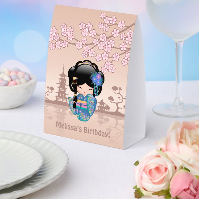 Keiko Kokeshi Doll Blue Kimono Geisha Beige Paper Table Tent (Insitu(Wedding))