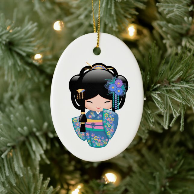 Keiko Kokeshi Doll - Blue Kimono Geisha Ceramic Ornament (Tree)