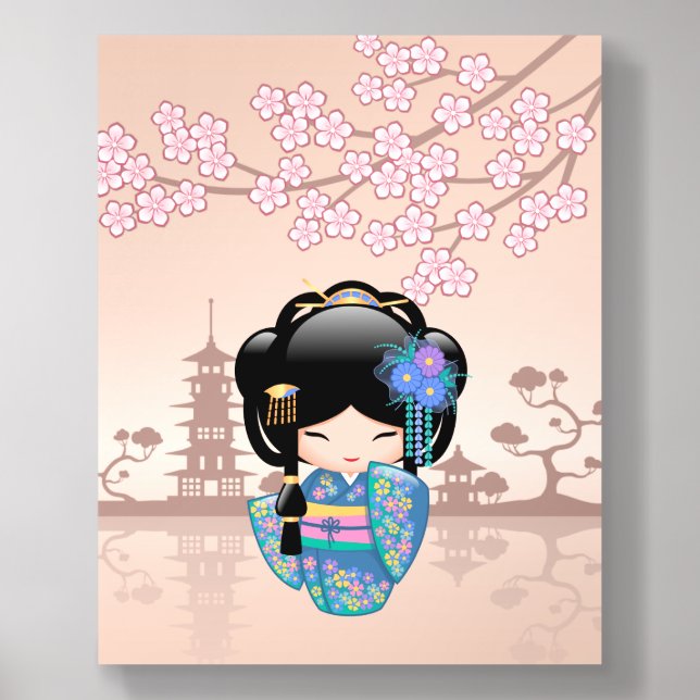 Keiko Kokeshi Doll Blue Kimono Geisha Girl Beige Acrylic Photo Tile (Front Set)