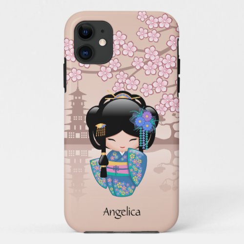 Keiko Kokeshi Doll _ Blue Kimono Geisha Girl iPhone 11 Case