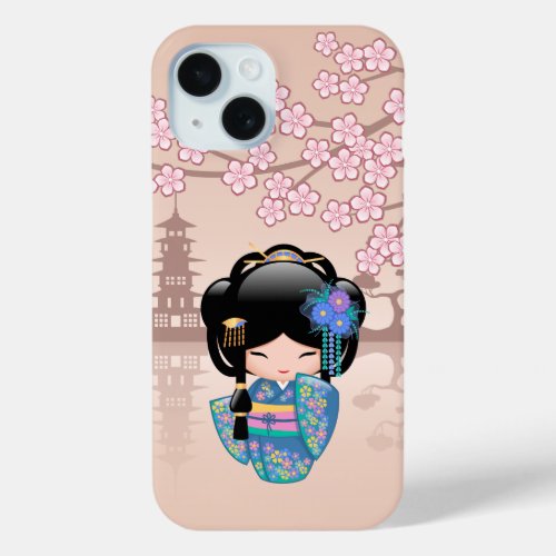 Keiko Kokeshi Doll _ Blue Kimono Geisha Girl iPhone 15 Case