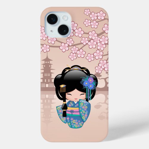 Keiko Kokeshi Doll _ Blue Kimono Geisha Girl iPhone 15 Plus Case