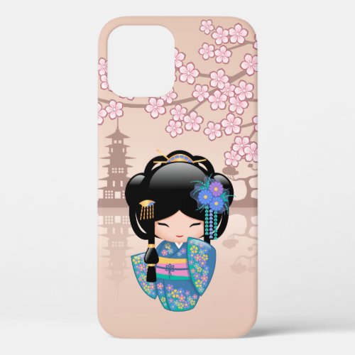 Keiko Kokeshi Doll _ Blue Kimono Geisha Girl iPhone 12 Case