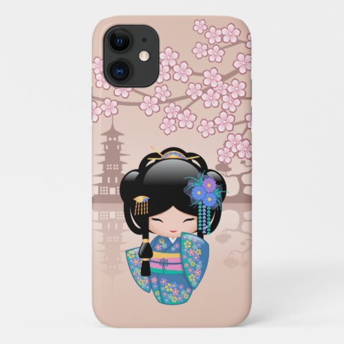 Keiko Kokeshi Doll _ Blue Kimono Geisha Girl iPhone 11 Case