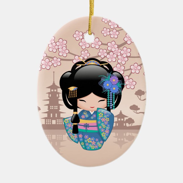 Keiko Kokeshi Doll - Blue Kimono Geisha Girl Ceramic Ornament (Front)
