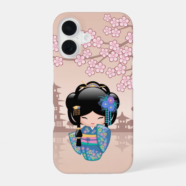 Keiko Kokeshi Doll - Blue Kimono Geisha Girl iPhone Case (Back)